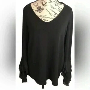 Cupio Women’s Large Black Tunic Blouse layered bell sleeves stretch L/S
